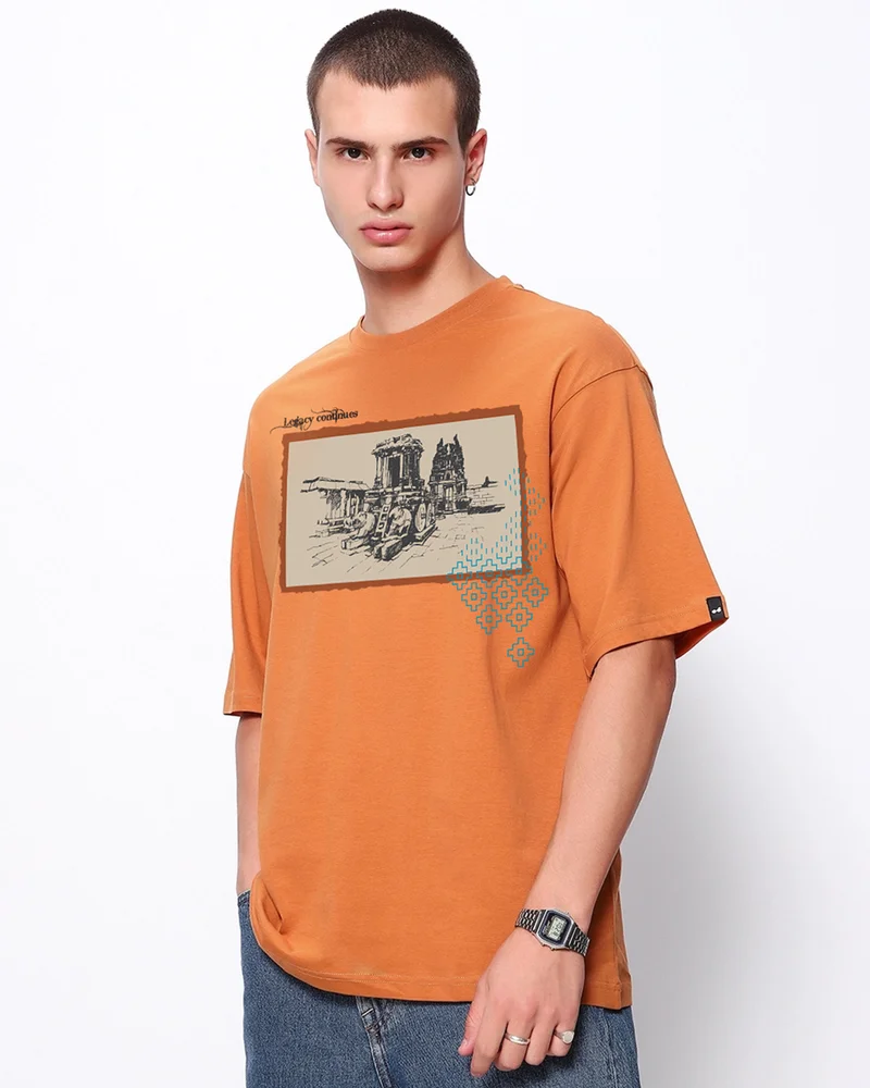 بيواكوف Men's Caramel Orange Legacy Graphic Printed Oversized T-shirt